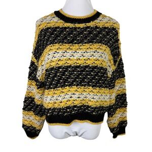 MNG Mango Women's Medium Striped Knit Sweater Yellow Black White Crew Neck
